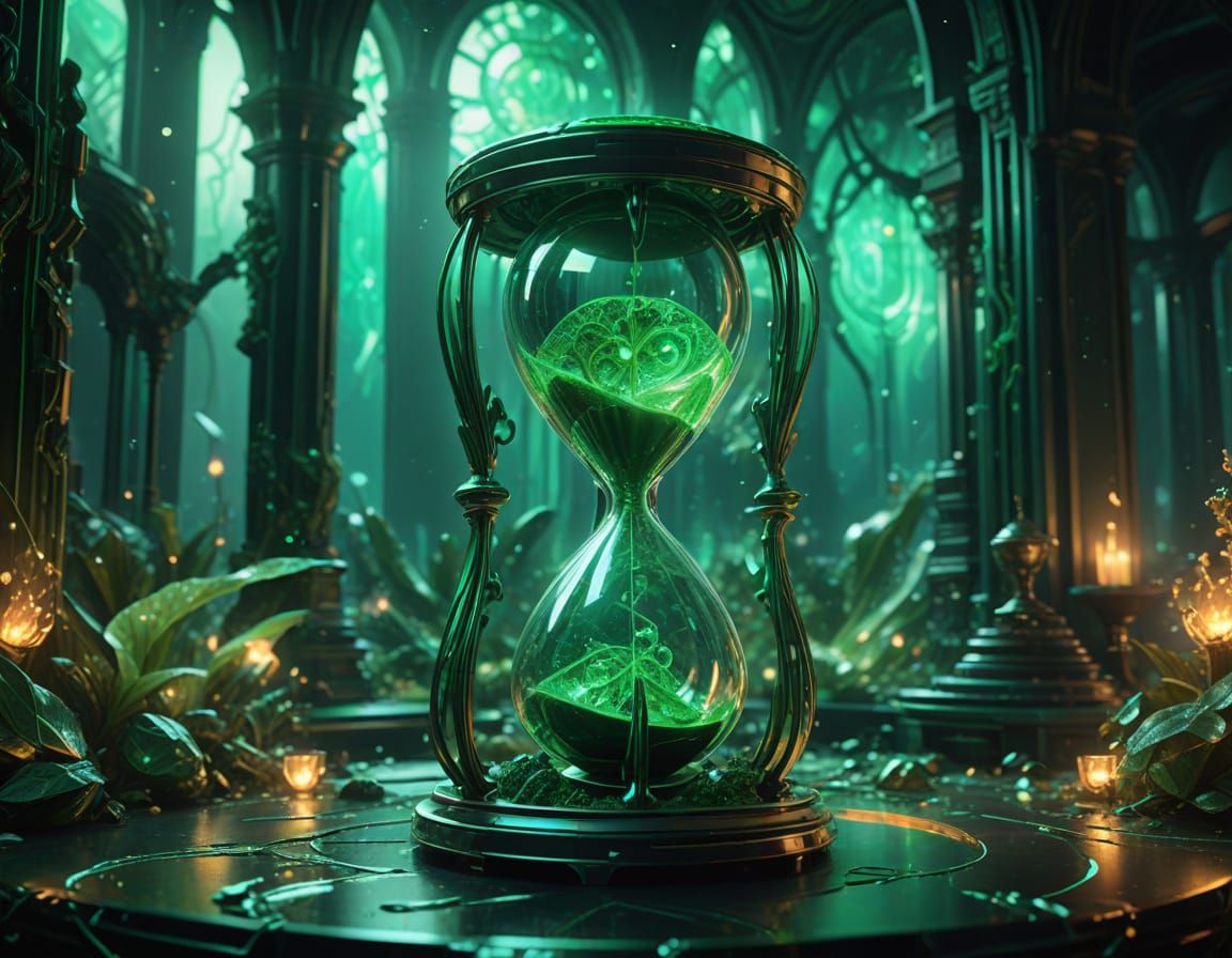 Surreal Emerald Hourglass Erupts with Data Streams