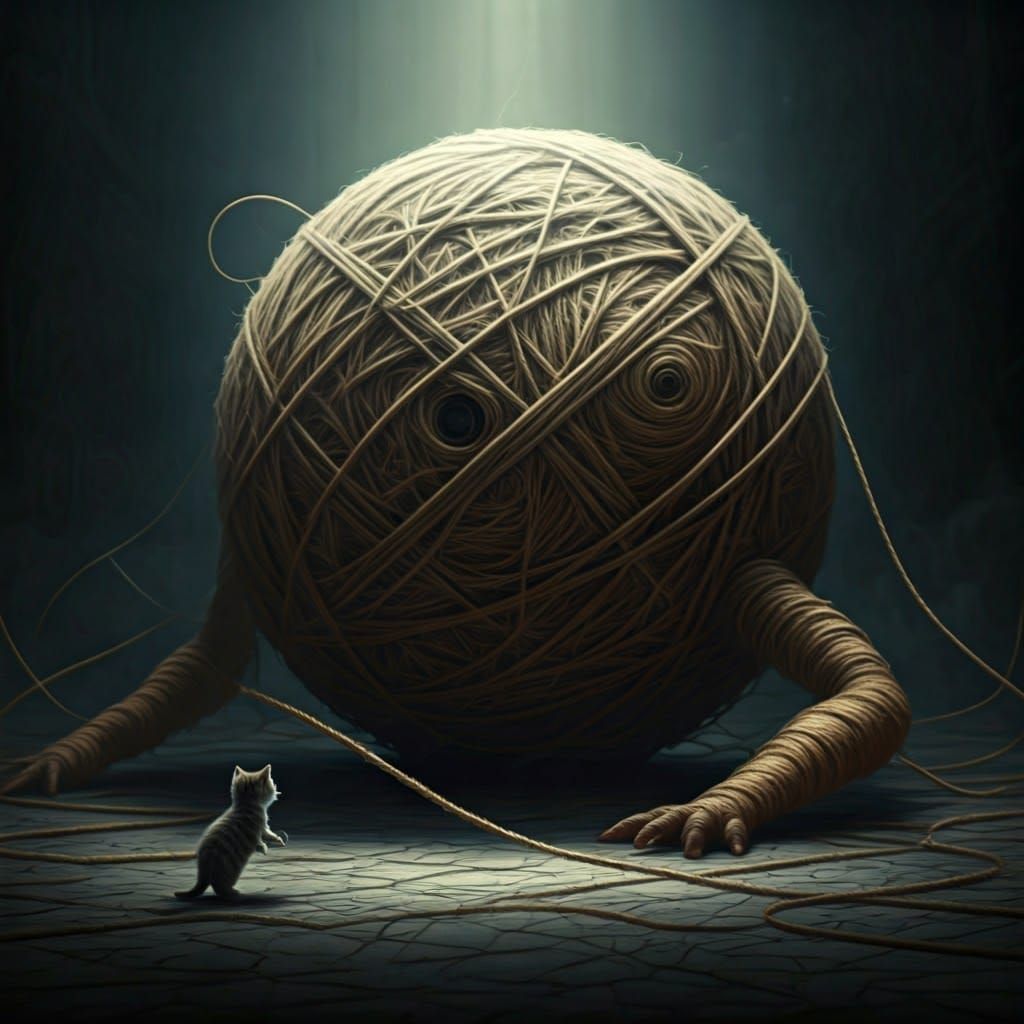 Gigantic String Monster and Kitten in Dramatic Lighting