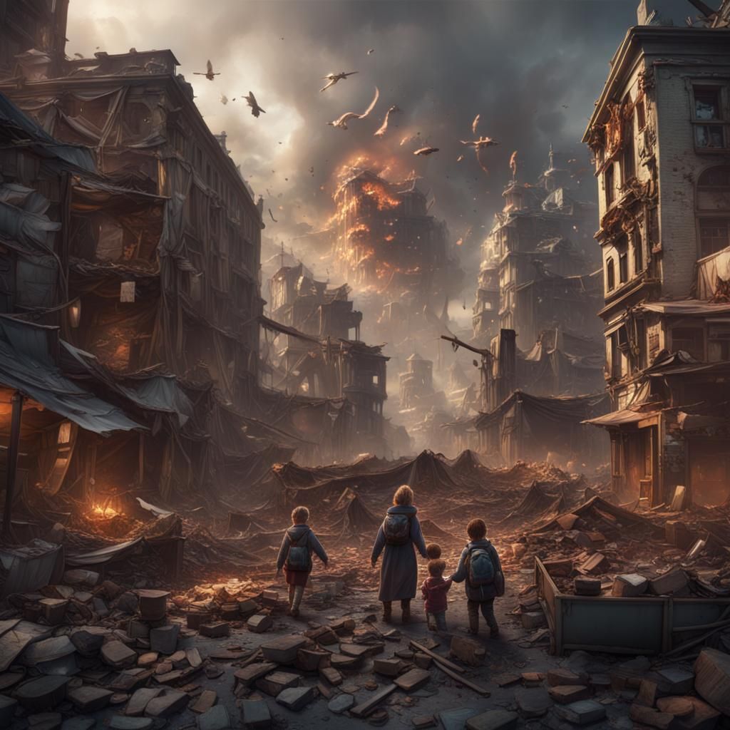 Children Suffer in Bombing City: Detailed Matte Painting