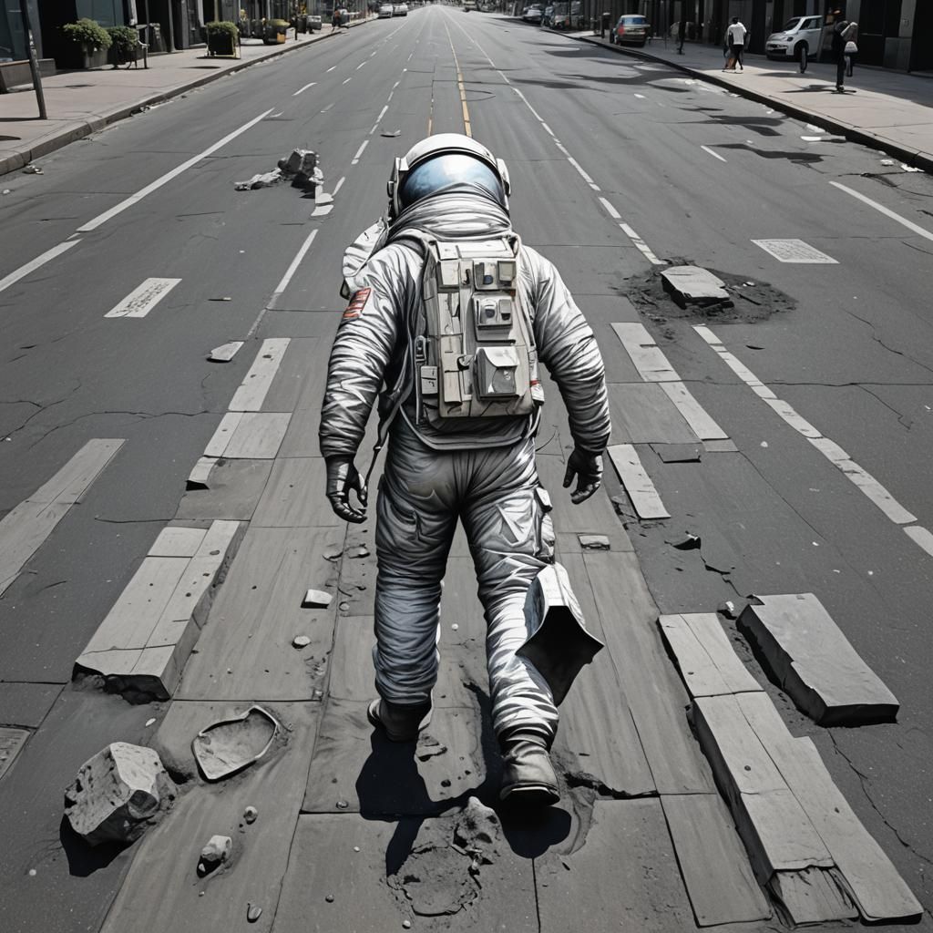 Man Walks on Moon Between Skyscrapers in 3D