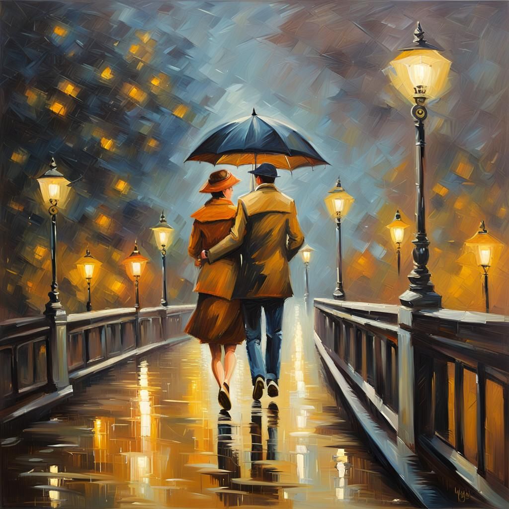 Romantic Couple's Rainy Night Walk as Oil Painting