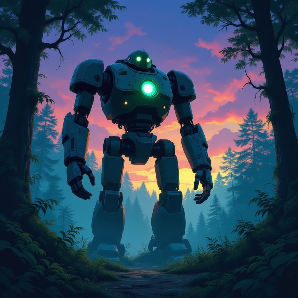 Ancient Robot Guards Enchanted Forest in Ethereal Matte Pain...