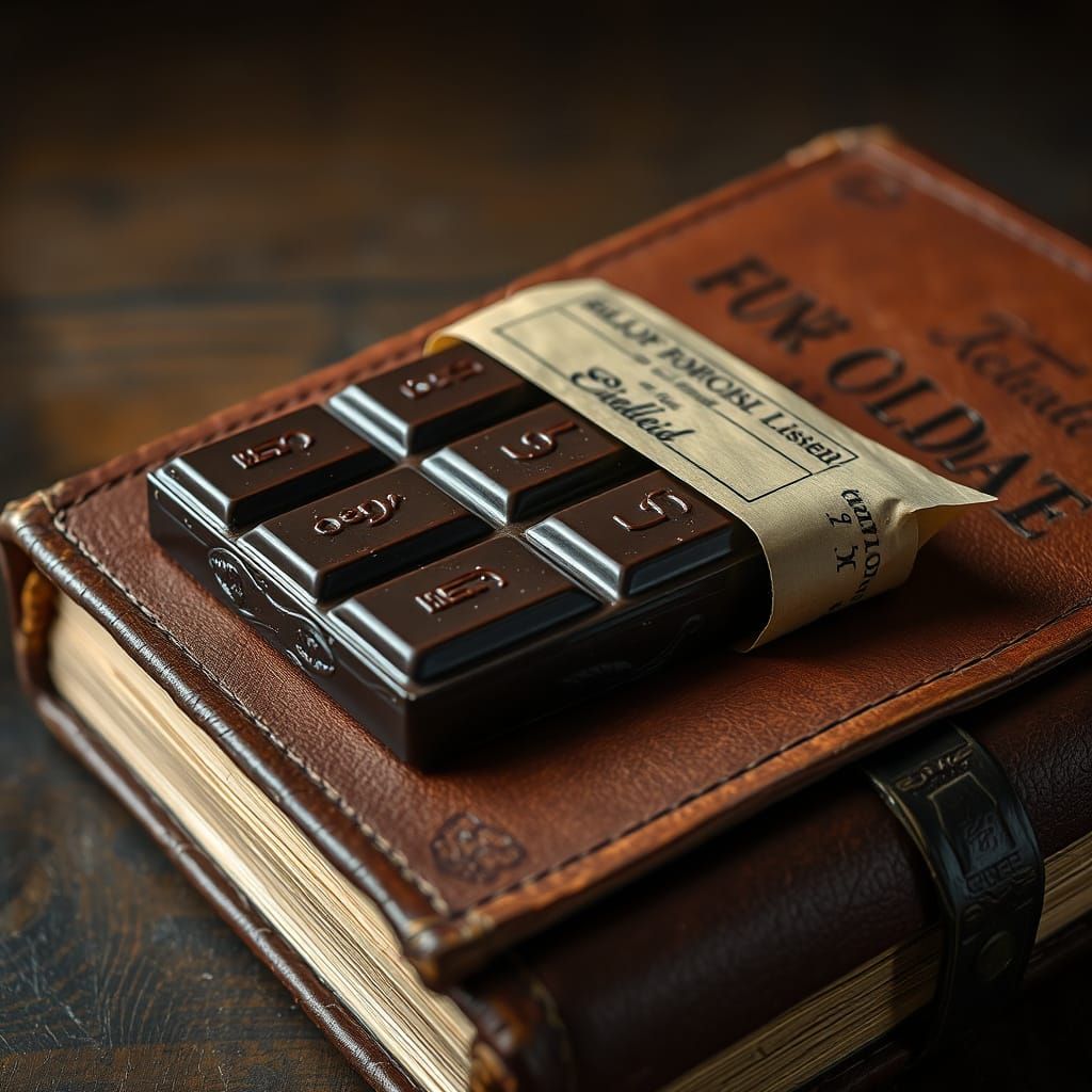 Dark Chocolate Treasure on Leather Book, Hyperrealistic Stil...