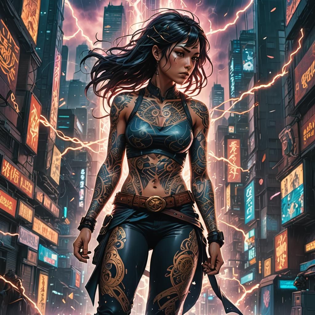 Tattooed Woman Emerges in Comic Book Art Style