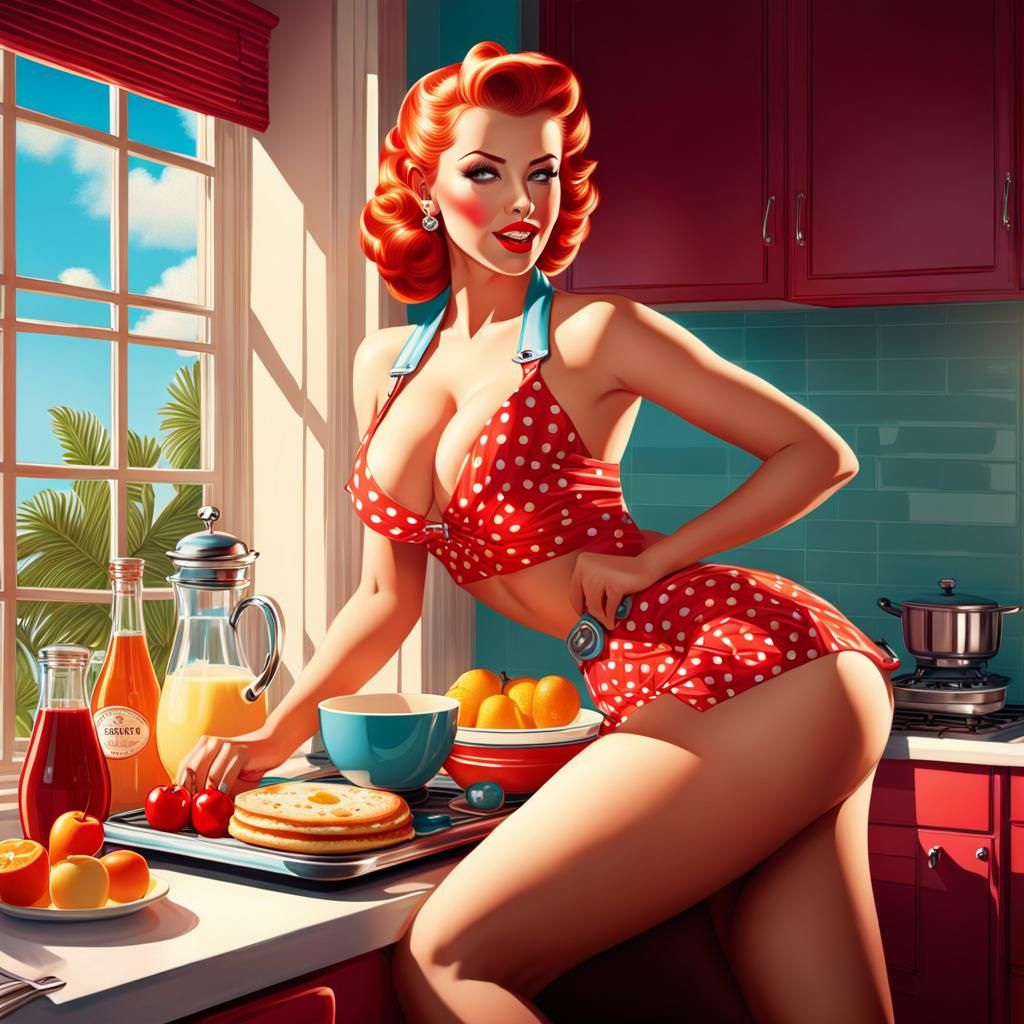 Retro 50s Pinup Girl Making Breakfast