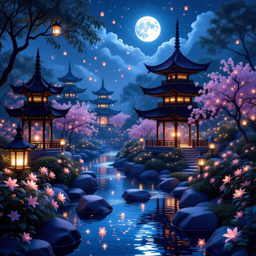 Moonlit Crystal Pagodas in Glowing Garden, Aesthetic Concept...