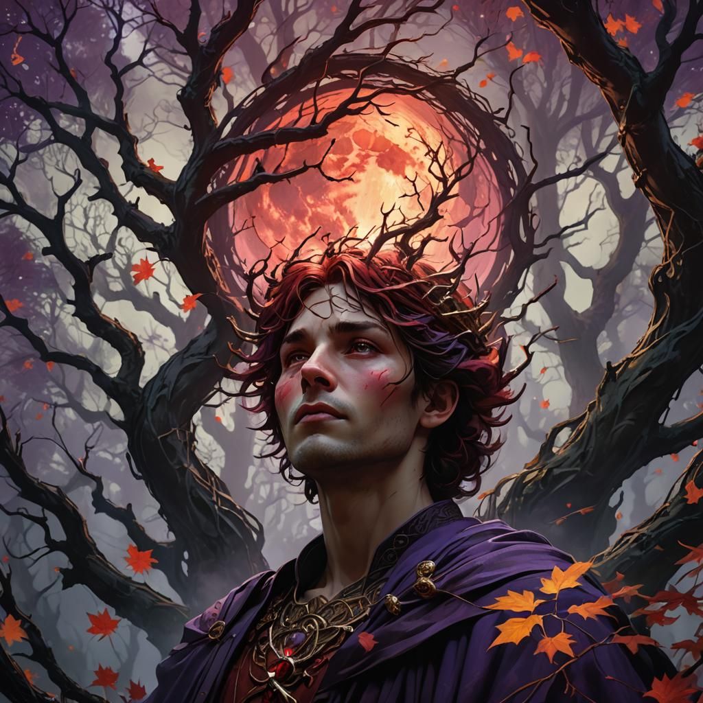 Scarlet Moon Maple Crown in Dark Fantasy Forest
