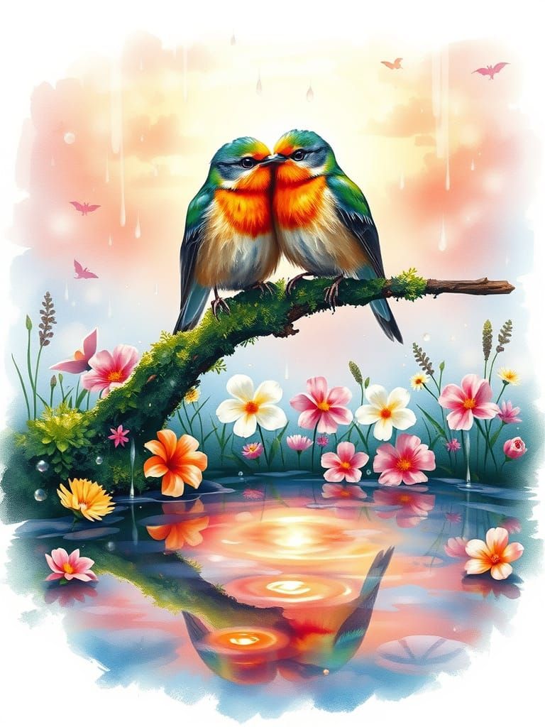 Pastel Lovebirds in Watercolor Reflect Sunset