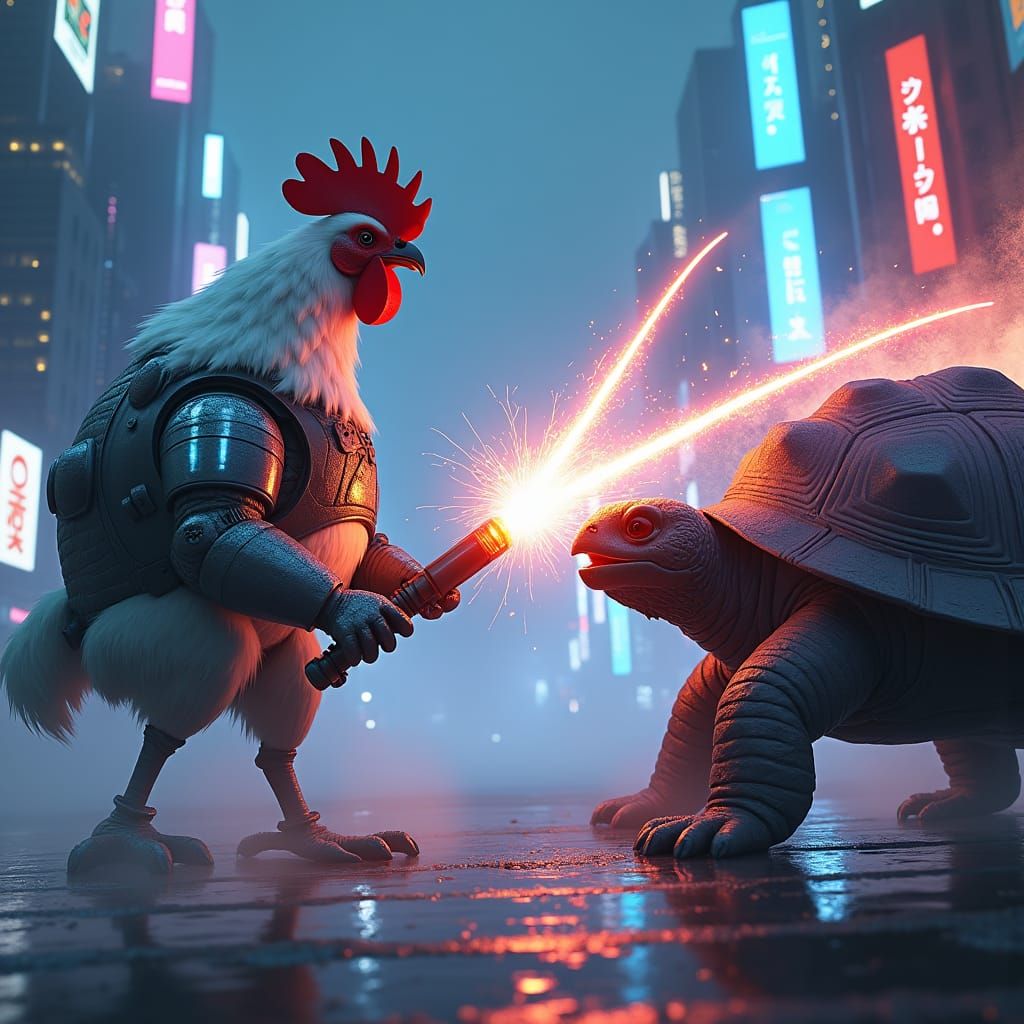 Armored Chicken vs Cybernetic Turtle Duel in Anime Style