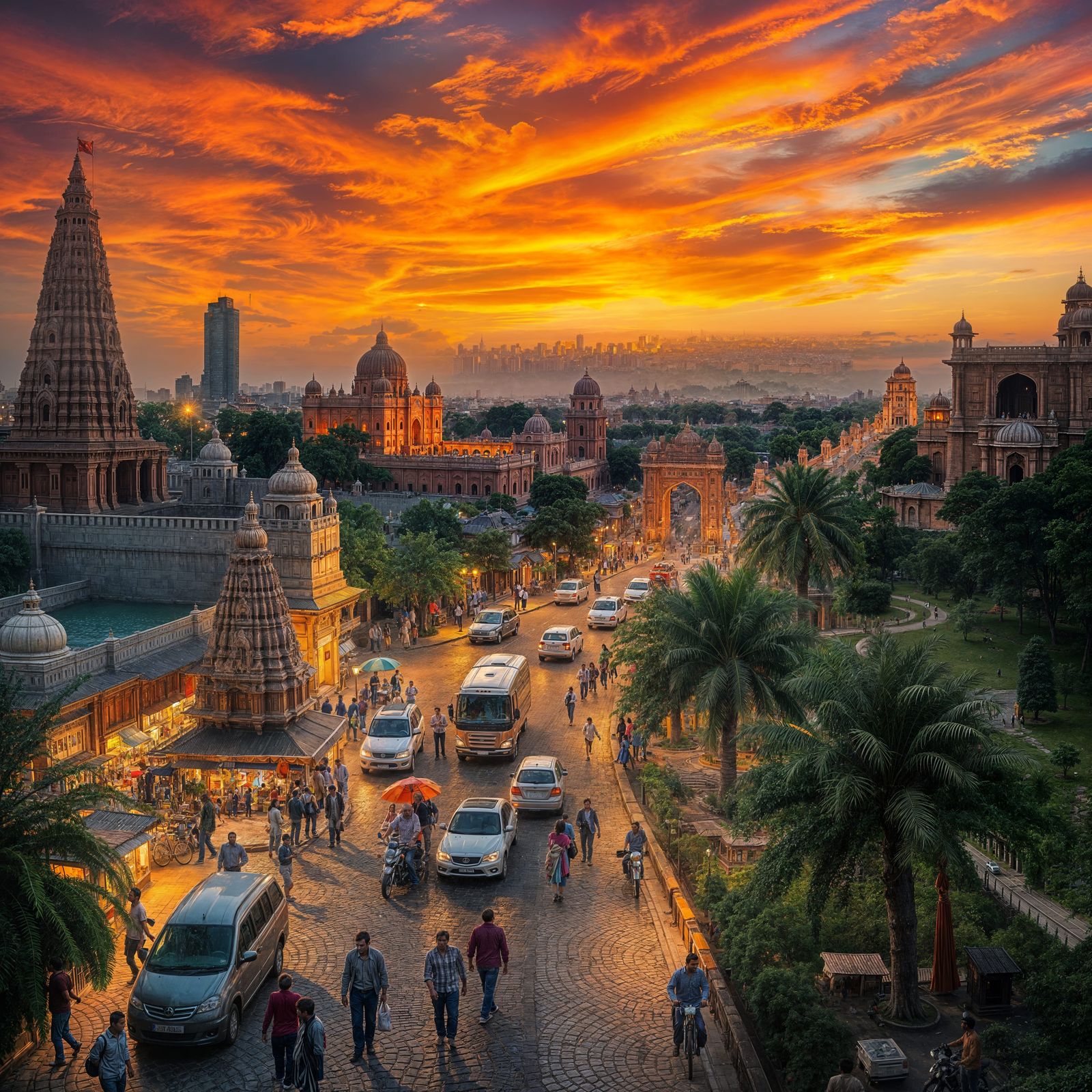 Indian City at Dusk: Skyscrapers and Temples