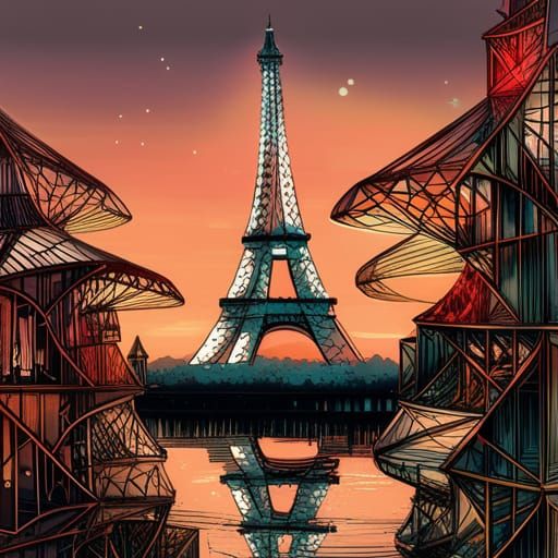 Eiffel Tower with Luminous Colors and Golden Outlines