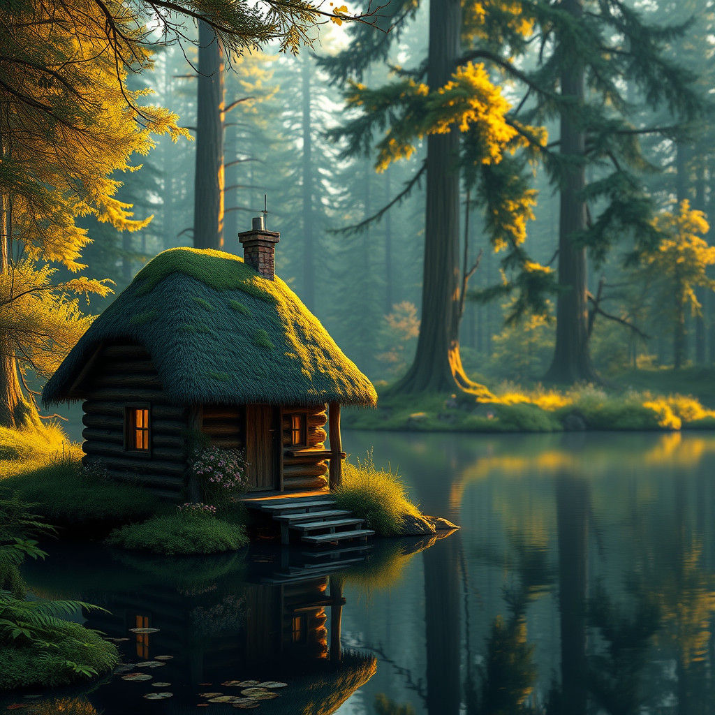 Enchanted Cottage Reflection in Fantasy Landscape