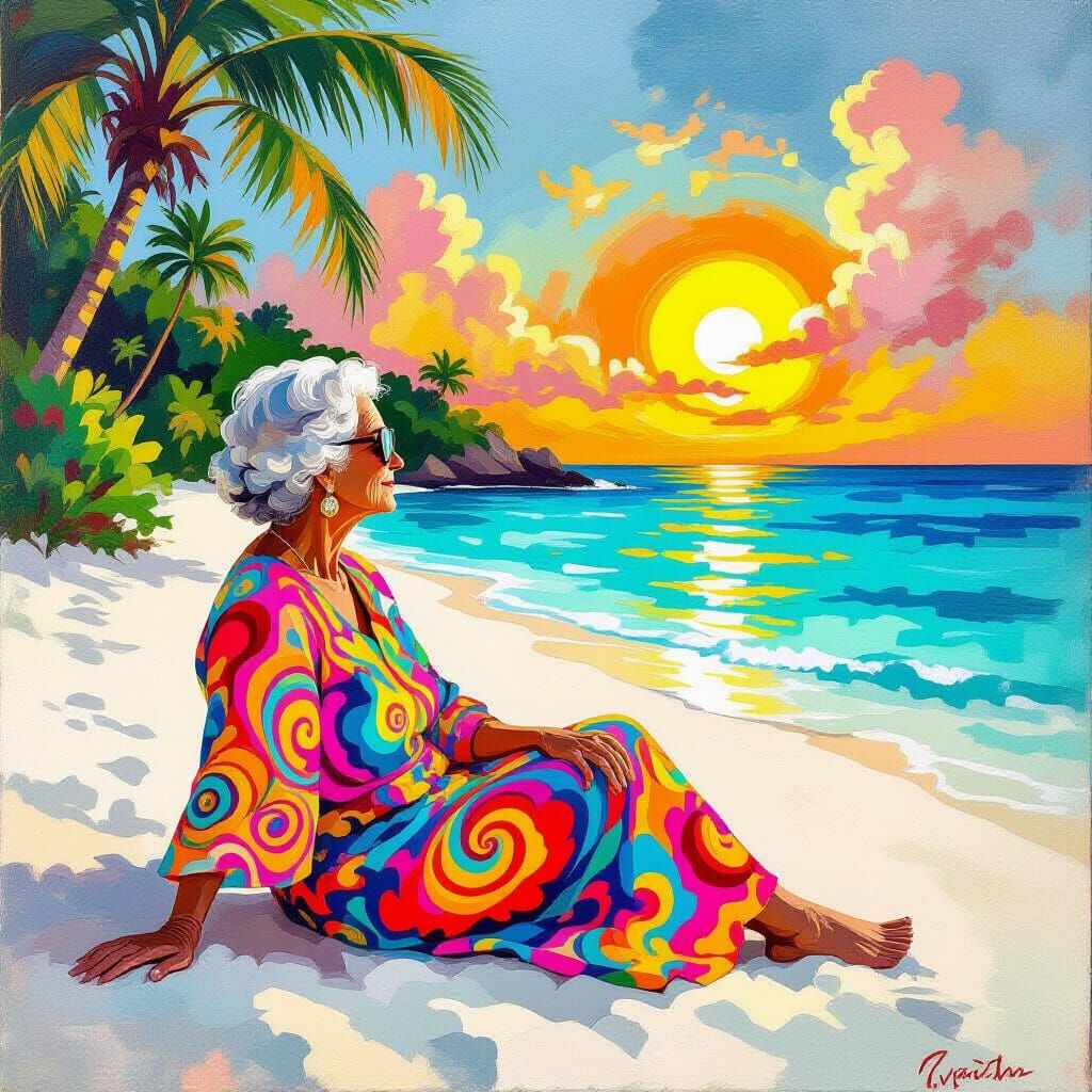 Psychedelic Elderly Woman on Caribbean Beach at Golden Hour