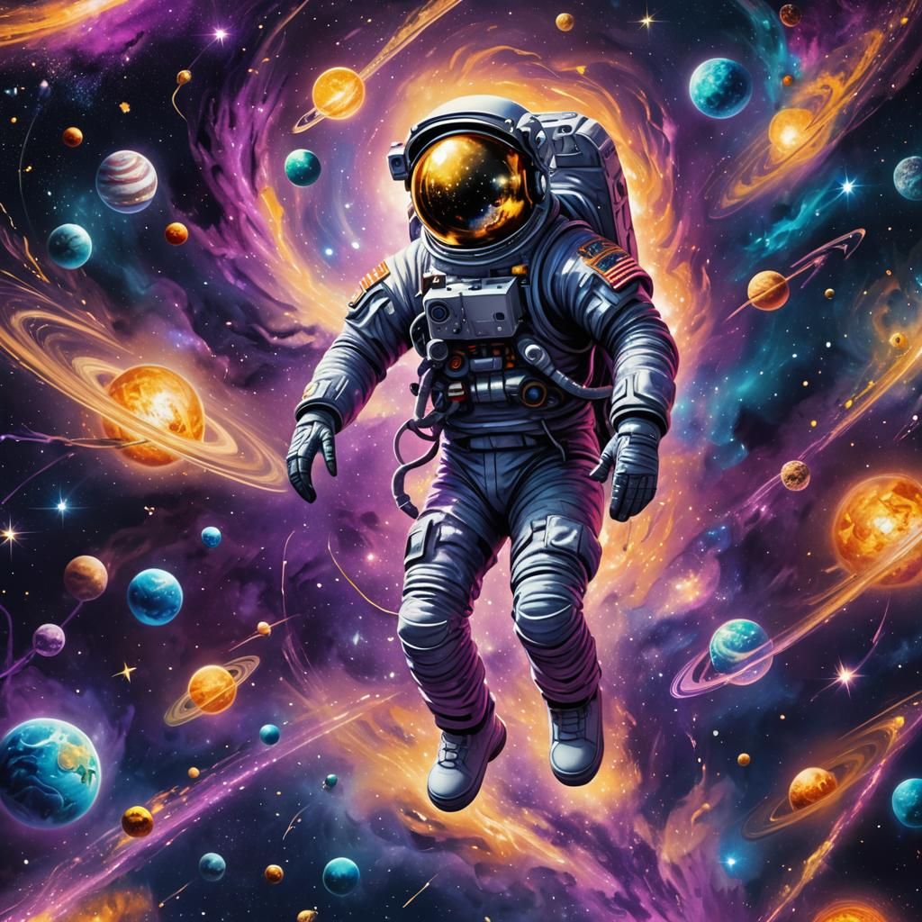 Astronaut Floating in Vibrant Cosmic Galaxy