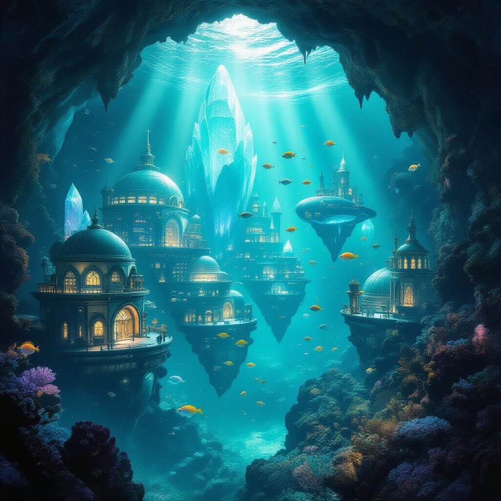 Underwater Crystal City with Luminous Fish and Steampunk Ele...