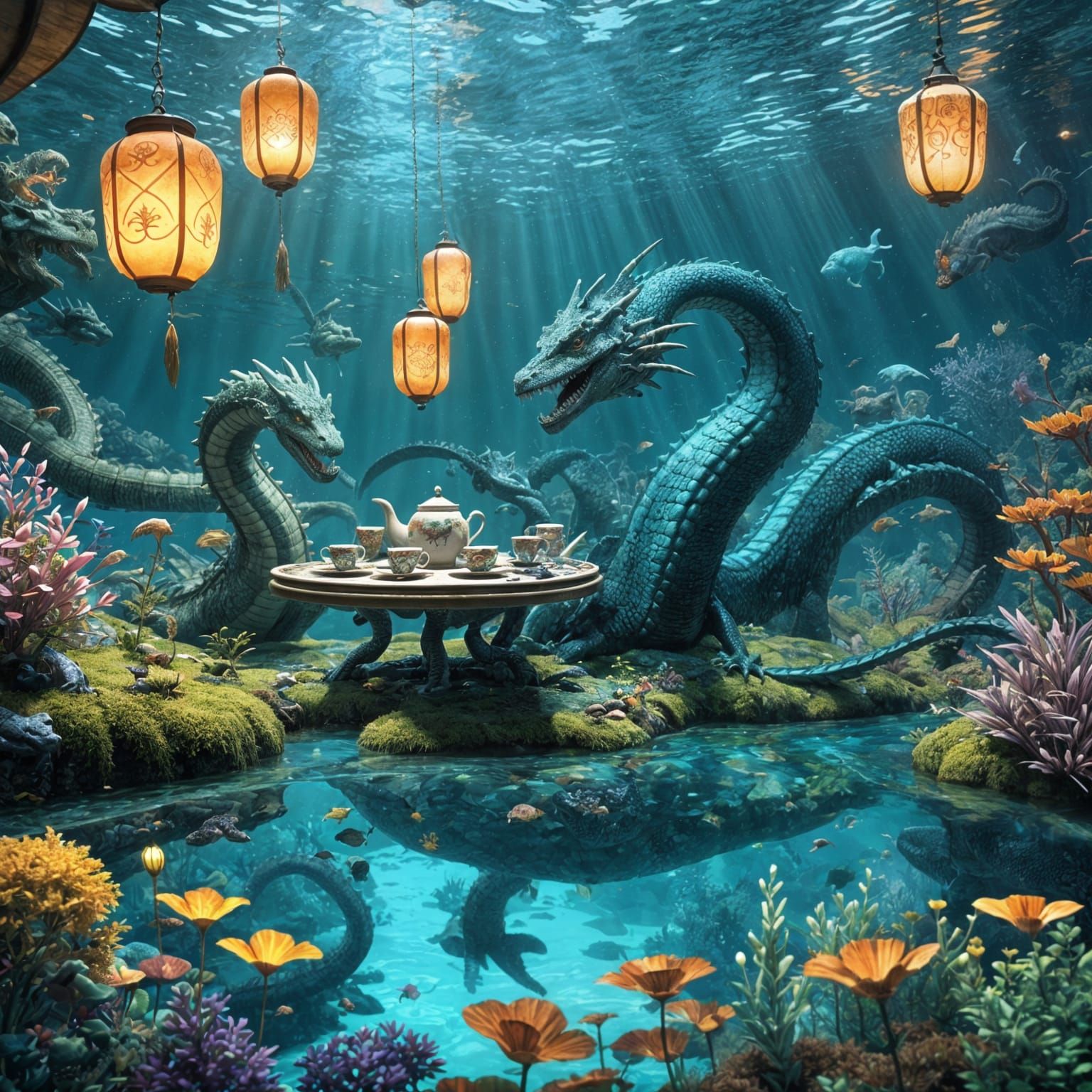 Underwater Tea Party with Dragon and Sea Serpent