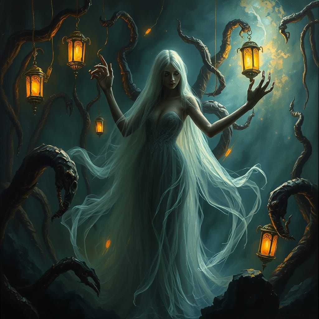 Ethereal Figure in Mystical Realm with Gold Accents