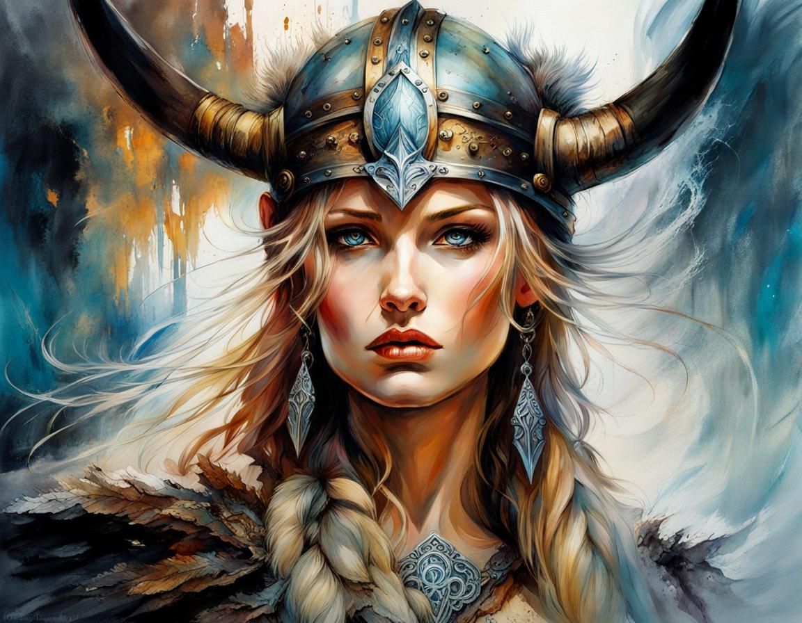 Viking Valkyrie in Gothic European Ink Painting Style