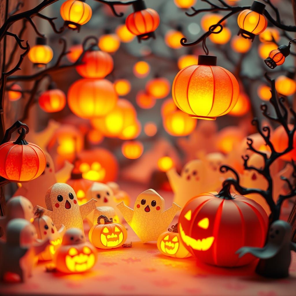 Origami Halloween Party with Glowing Pumpkins and Cute Ghost...