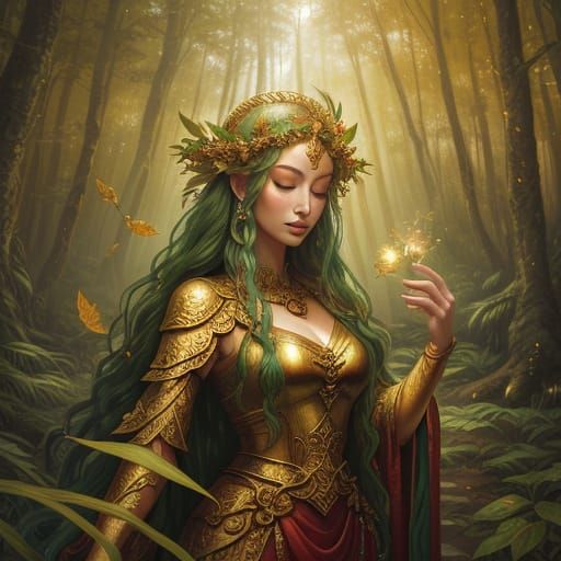 Pine Forest Goddess in Ethereal Oil Painting