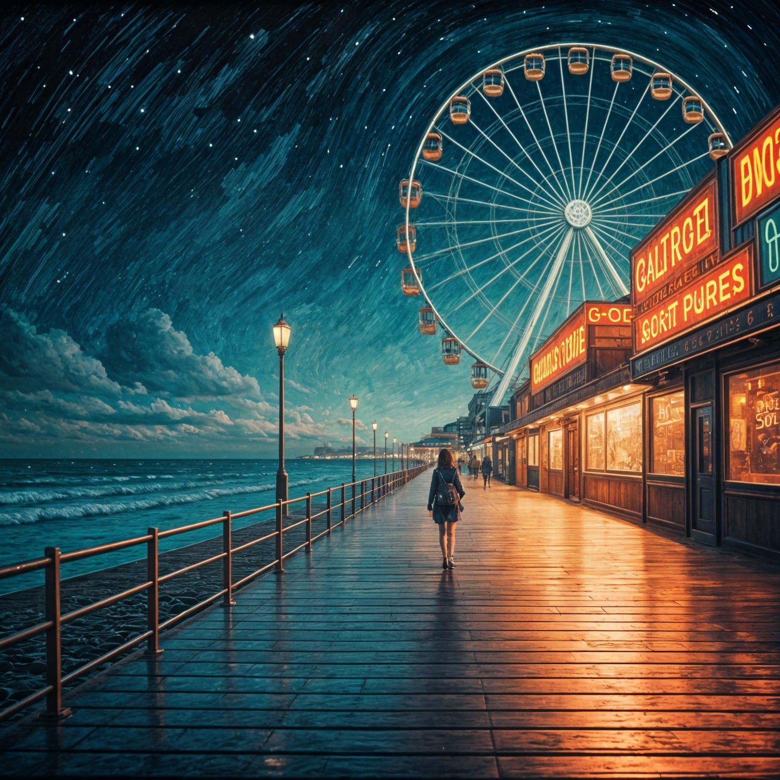 Boardwalk at Night in Vivid Van Gogh Style