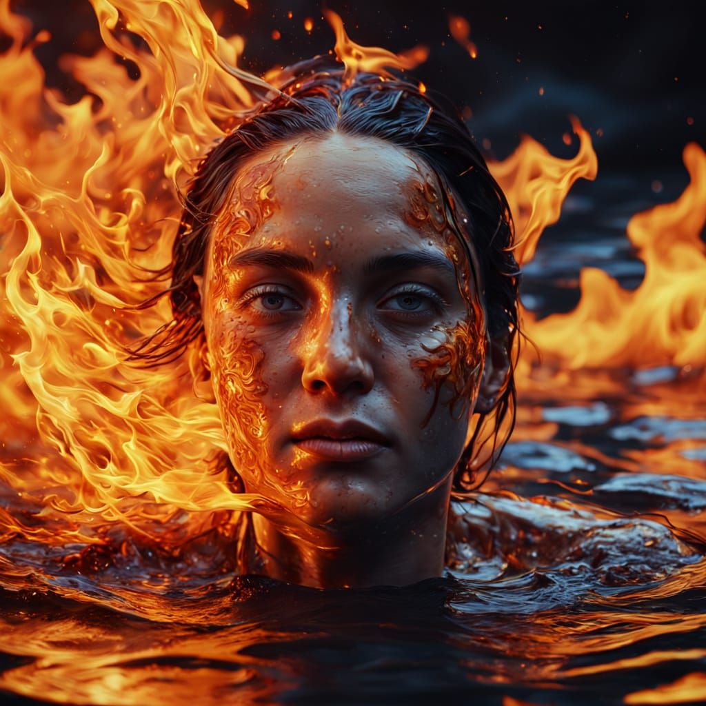 Woman Swimming in Fire: Hyperrealistic Oil Painting