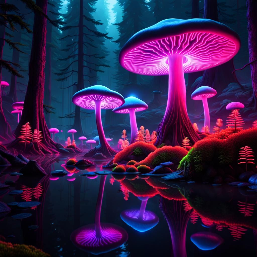 Ethereal Neon Mushrooms in Magical Forest