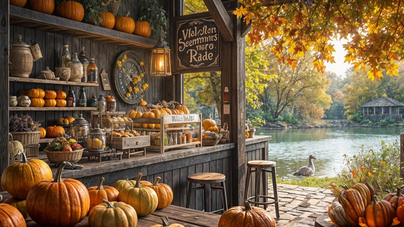 Cozy Lakeside Café on a Golden Autumn Day