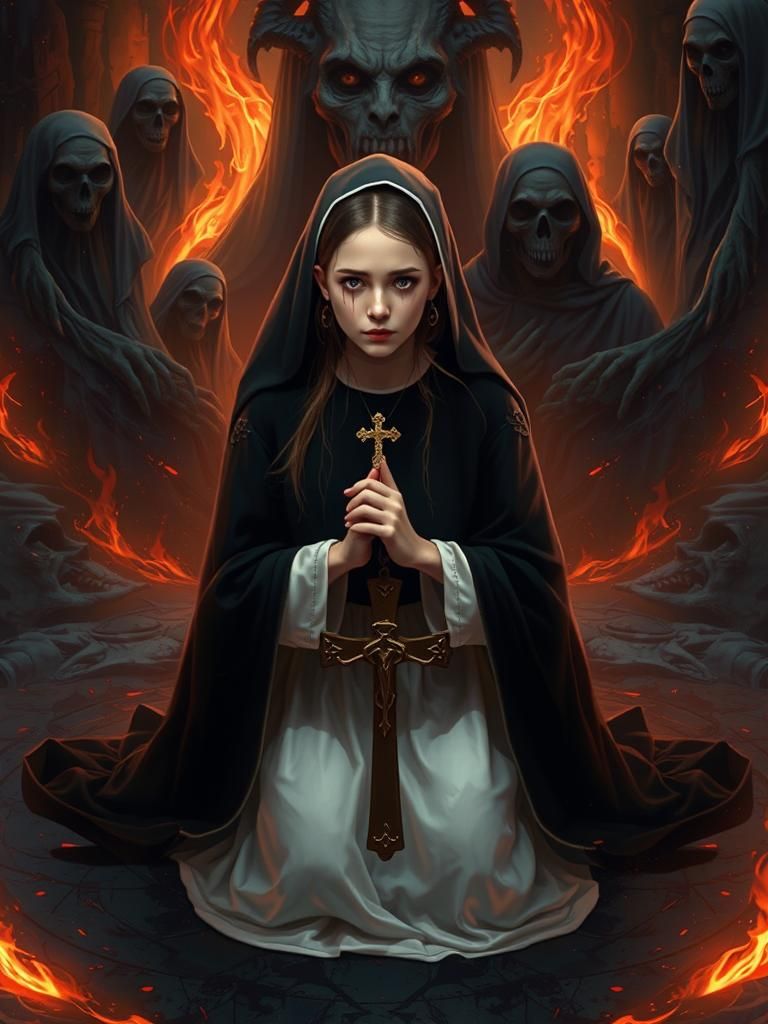 Nun Praying in Hellish Gehenna: Gothic Art Portrait