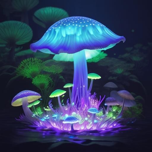 Bioluminescent Mushrooms in Phosphorescent Pool: Ethereal Li...