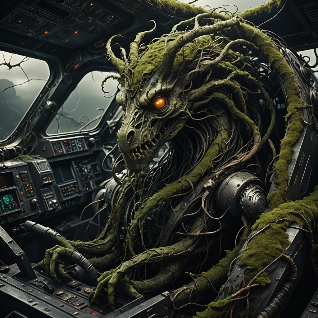 Plant Monster Piloting Damaged Spaceship: Dark Fantasy Illus...