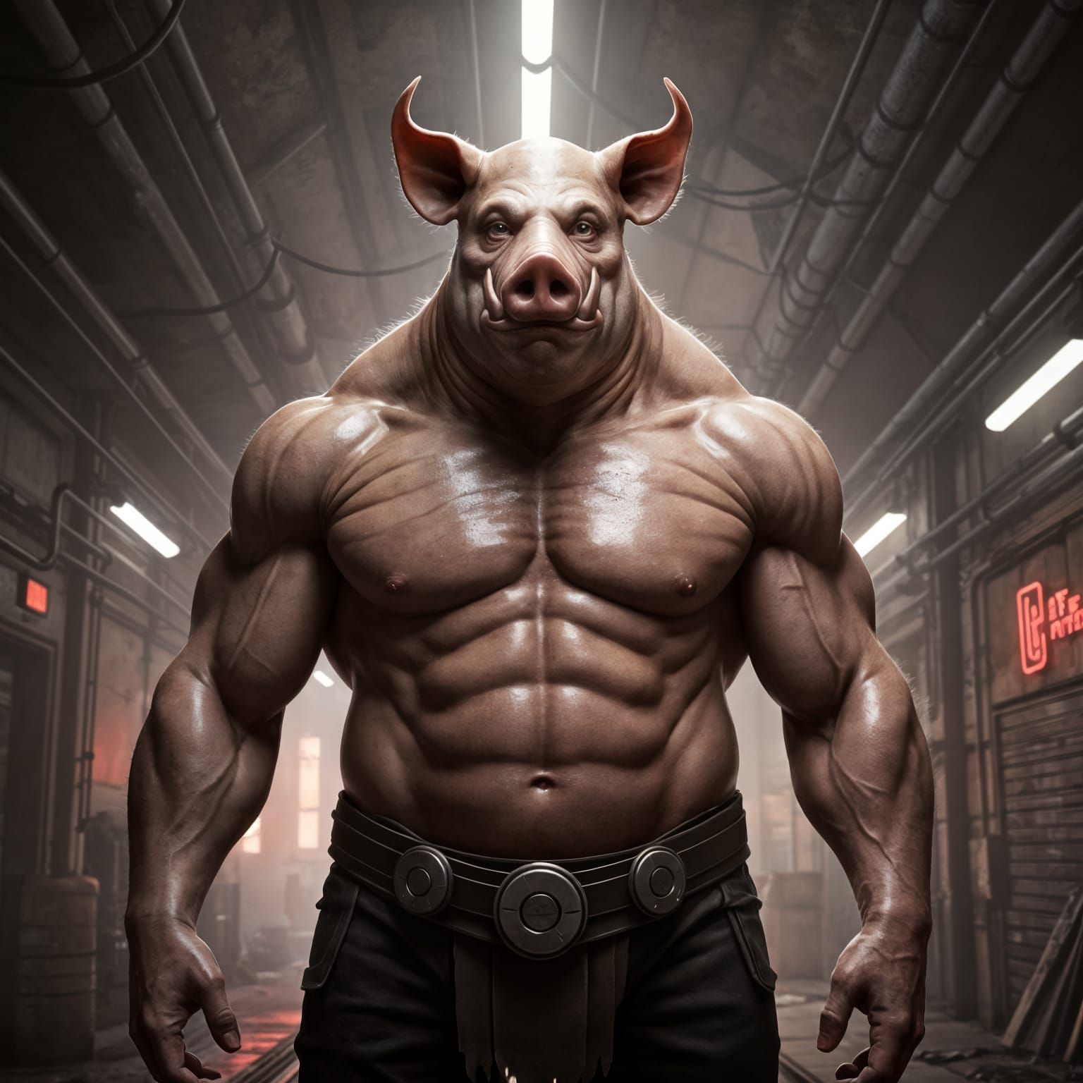 Hyper-Pig Warrior in Cyber-Gothic Chasm City Corridor