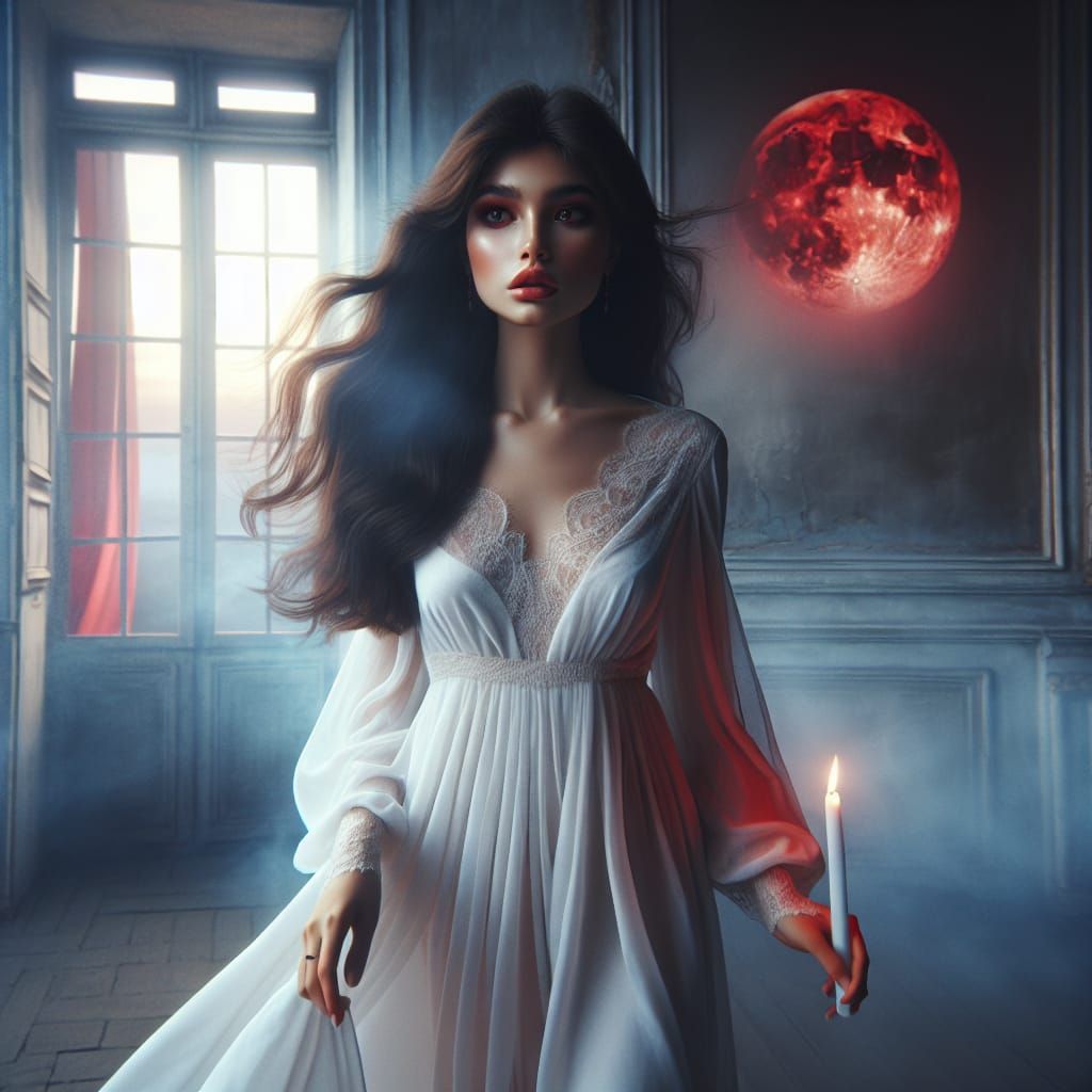 Woman with Candle and Red Moon in 8K