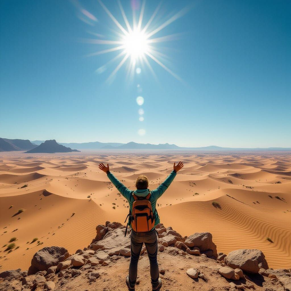 Desolate Desert: Man's Despairing Plea to the Sky