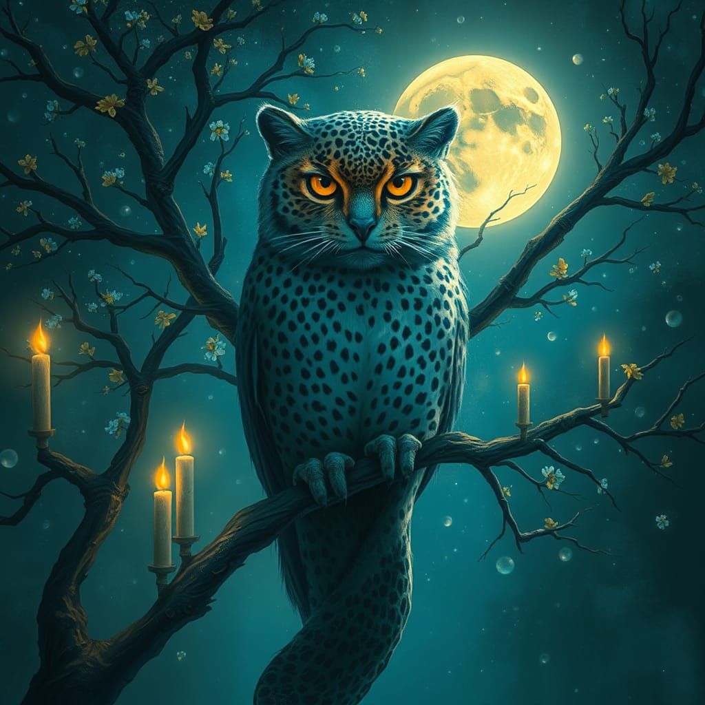 Blue Owl Leopard King Meditates on Eternity