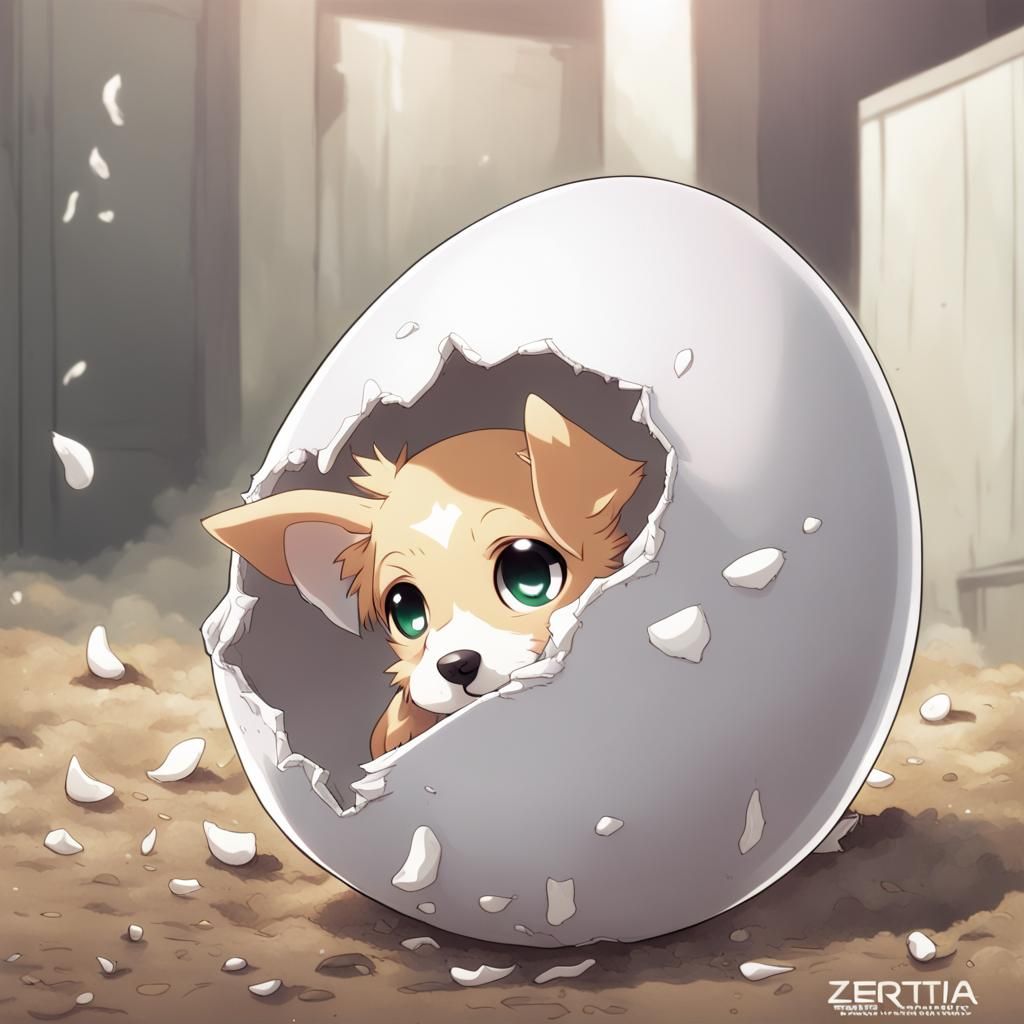 Dog Emerges from Eggshell in Anime Style