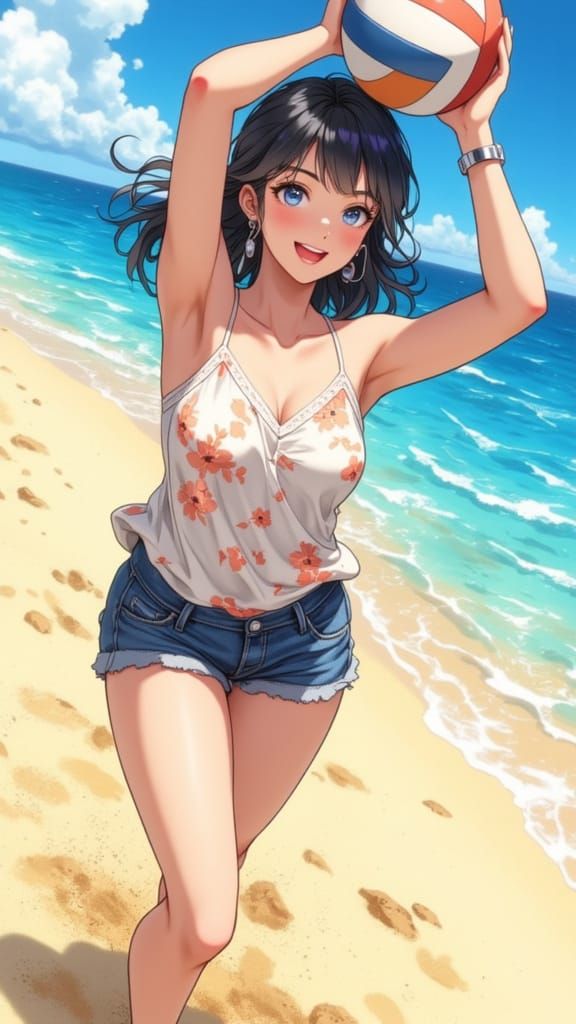 Anime Woman Playing Volleyball on Golden Sand