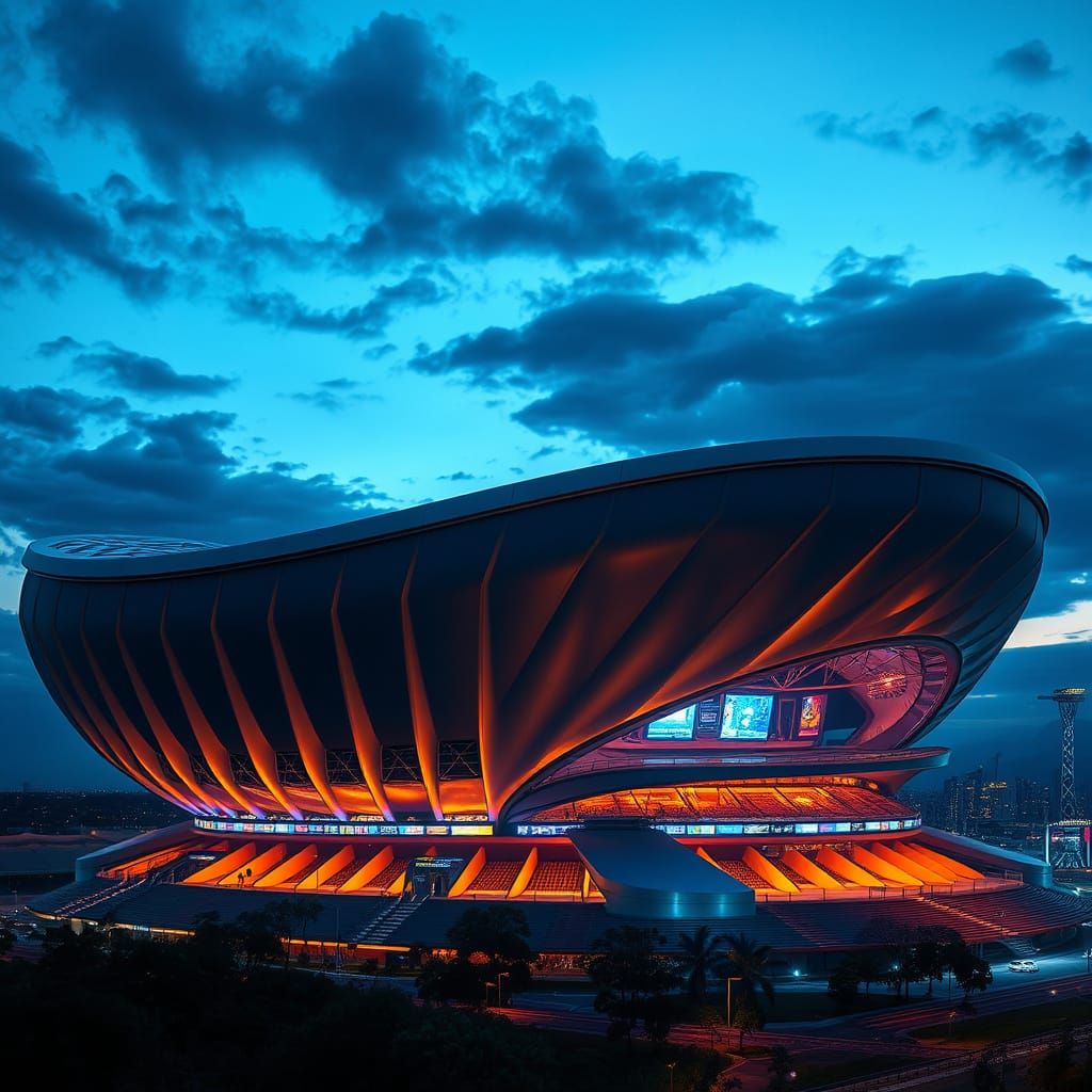 Sleek Futuristic Stadium Illuminated by Vibrant Evening Ligh...