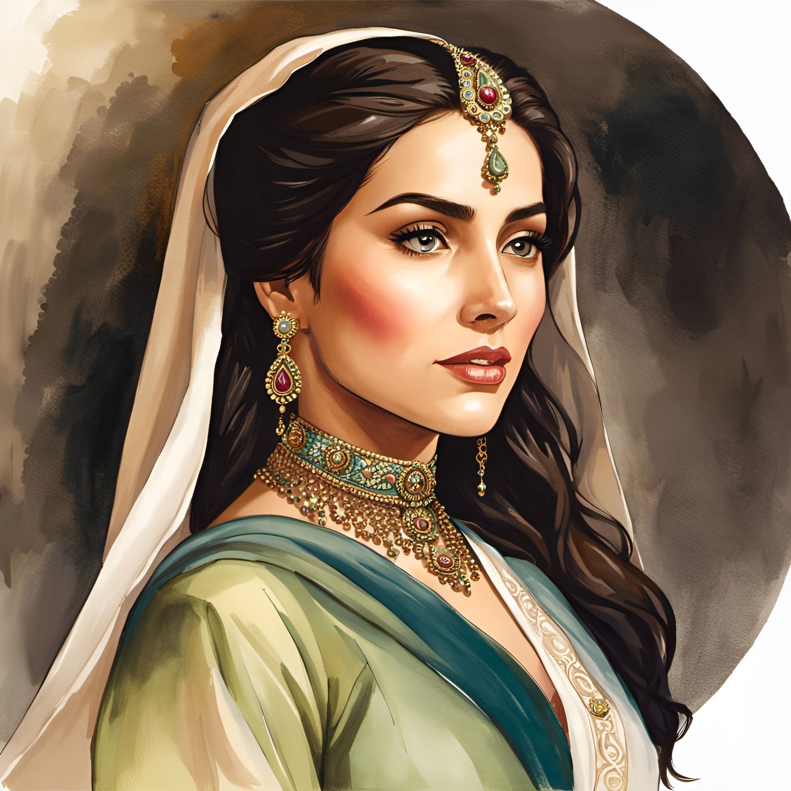 Beautiful Woman in Silk Abaya, Watercolor Ghibli Style