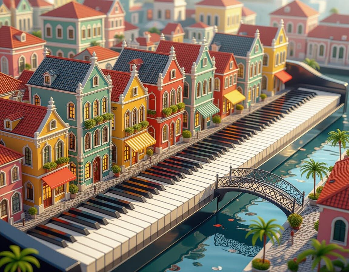 Venetian Keyboard Cityscape with Tiny Bridges and Gardens