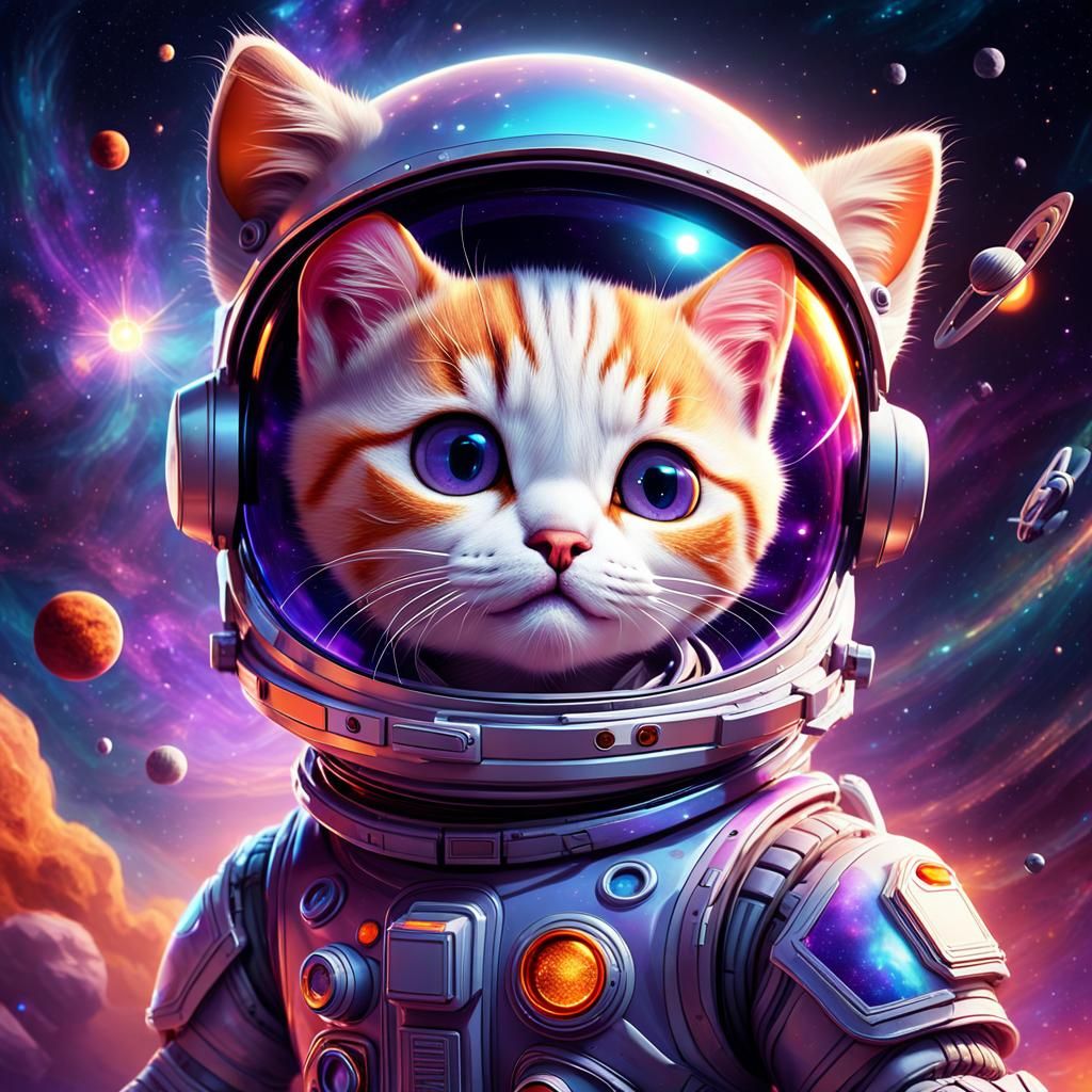 Kitty Astronaut in Fiery Cosmos: Digital Matte Painting