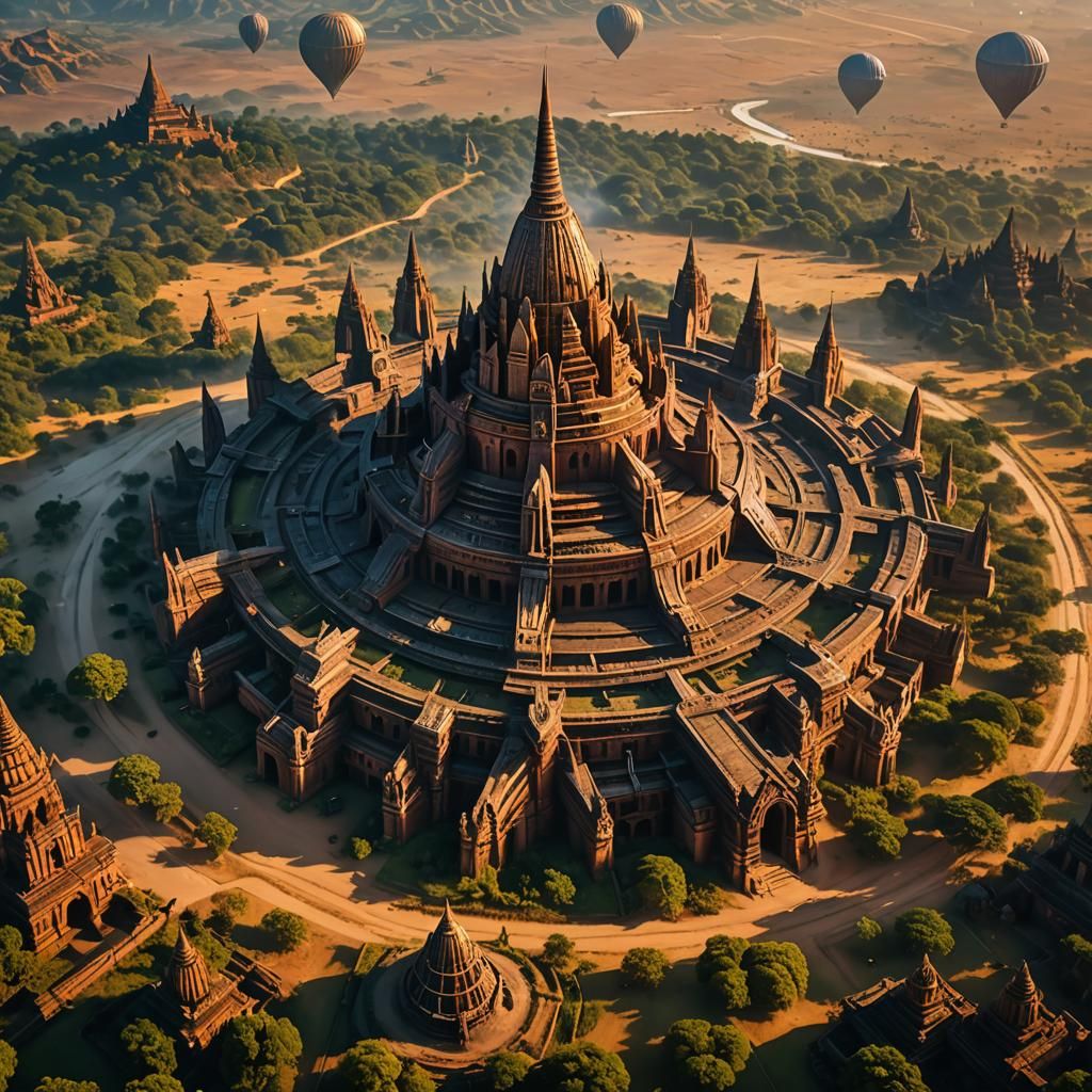Ancient Bagan Myanmar with alien spacecraft, epic, brilliant, stunning, 8 k resolution concept art, insanely detailed an...