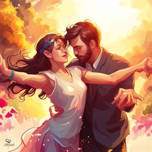 Couple Dancing in Sunshine: Detailed Digital Portrait