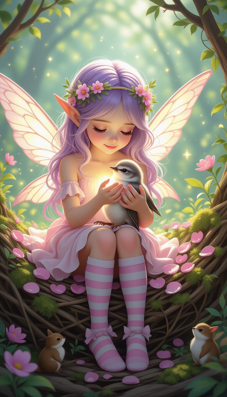 Tiny Fairy Cradles Injured Bird in Magical Nest