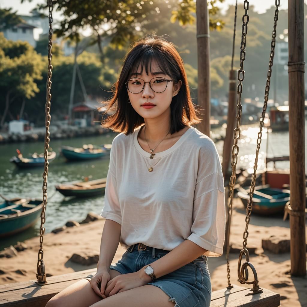 Woman on Swing by Sea in Natural Light