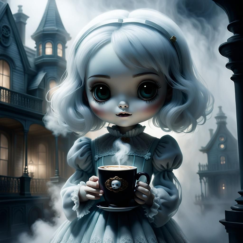 Tiny, adorable, chibi ghost girl, with a porcelain doll-like...