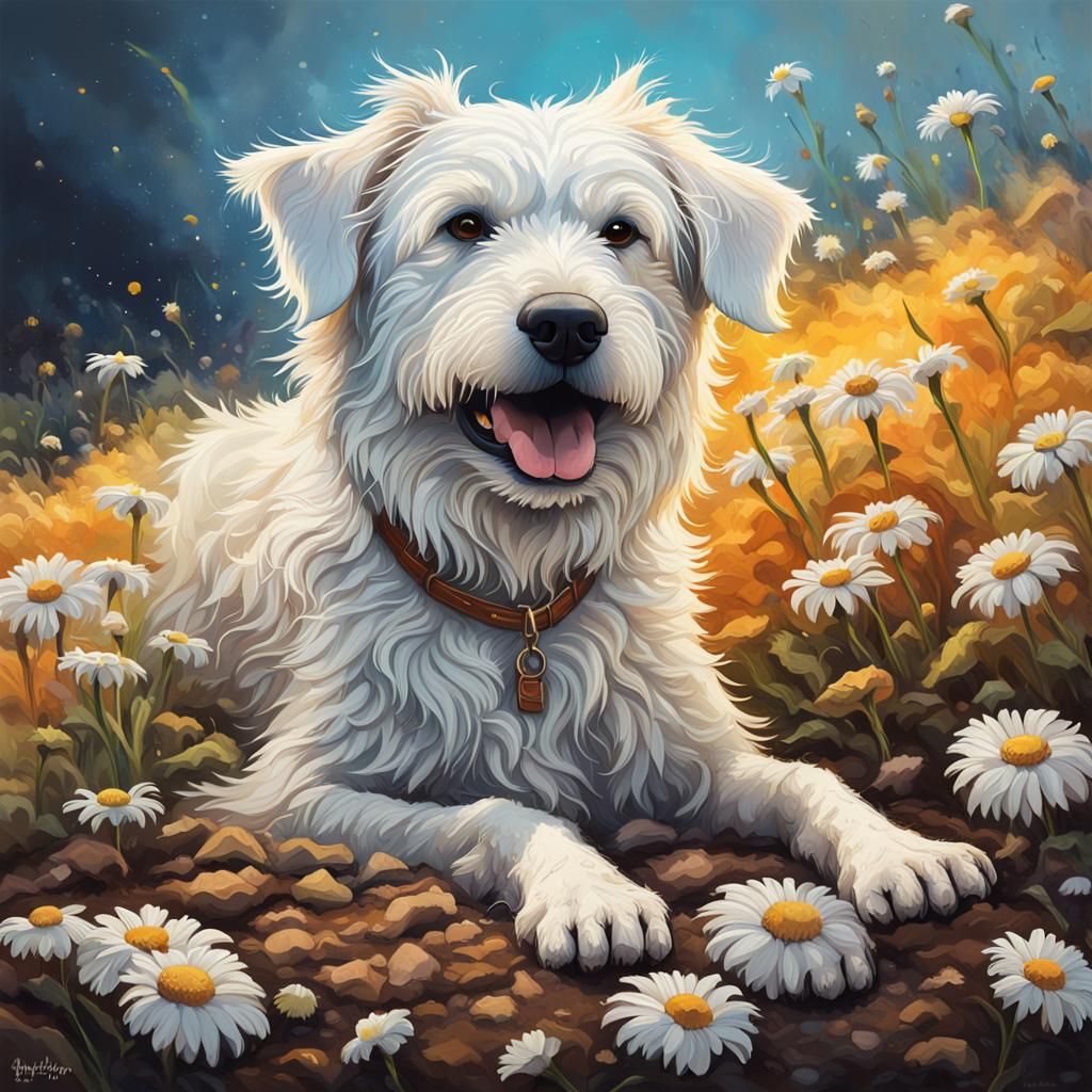 Happy Dog Digging in Daisies: Hyperrealistic Image