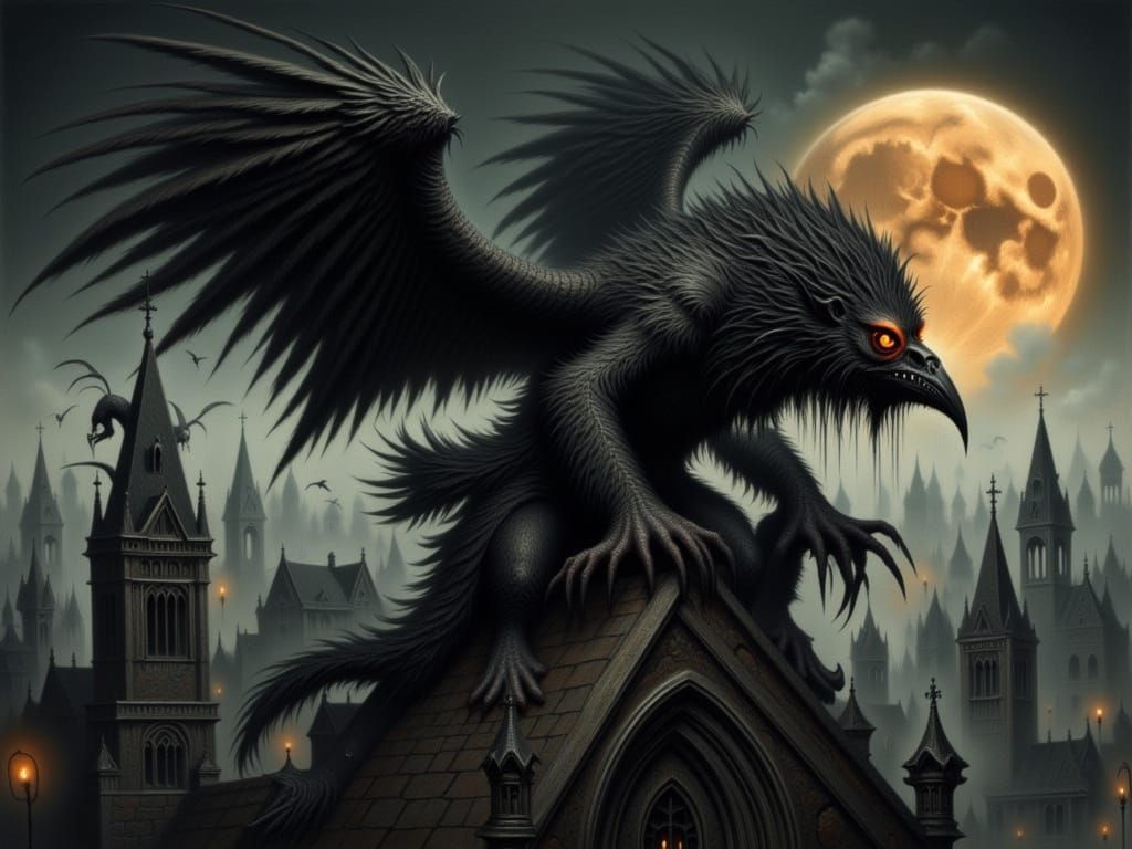 Giant Winged Beast Surveys Foggy Gothic City