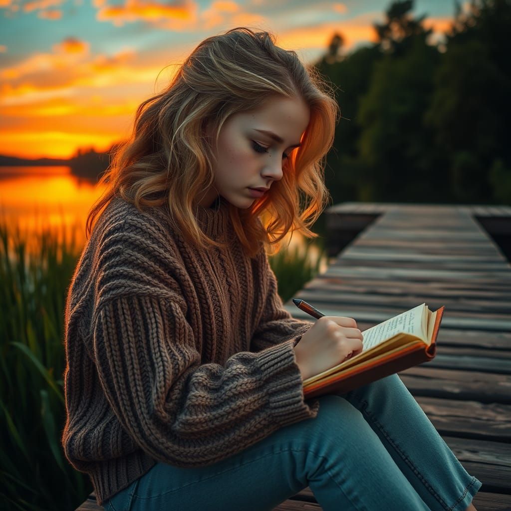 Girl Sketching at Sunset in Atmospheric Digital Art