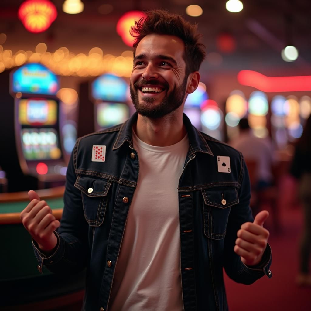 Triumphant Casino Player Surrounded by Casino Elements